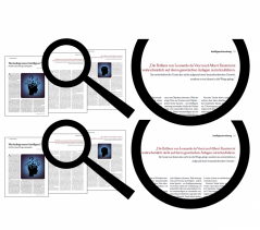 Abbildung 2:Beeinflussung impliziter Intelligenztheorien mittels eines angeblich in Psychologie Heute erschienen Artikels zur Frage: „Was bedingt unsere Intelligenz?“ (Dinger & Dickhäuser, 2013). Wie die mit Lupen vergrößerten Textpassagen verdeutlichen, unterscheiden sich die beiden Artikelvarianten ausschließlich in der Hauptaussage (Intelligenz ist vererbt und stabil vs. Intelligenz ist erlernt und veränderbar) und sind ansonsten identisch.